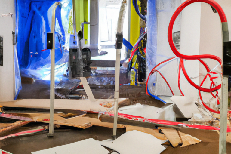 Bauantrag mit Kabeln, Rohren und Baustellenmaterialien in einem unfertigen Raum.