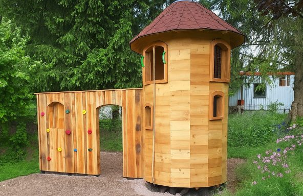 Holzturm mit Kletterwand und zwei Turmfenstern in einem grünen Garten.