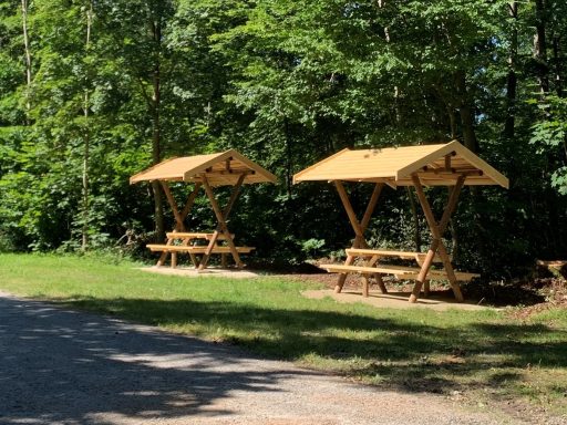 Zwei überdachte Holz-Picknicktische im Grünen, umgeben von Bäumen.
