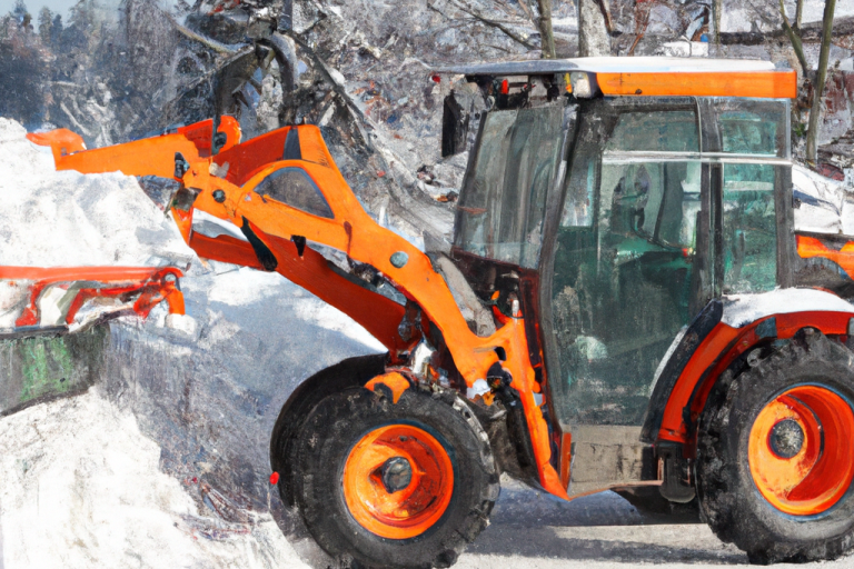 Ein orangefarbener Bagger räumt Schnee von einer Straße.