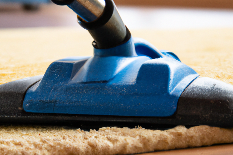 Blaues Staubsaugerdüsenteil auf einem Teppich.